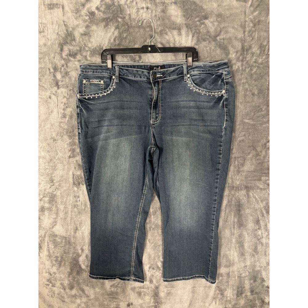 Earl Jean Womens Blue Embellished Denim Capris Rhinestone Embroidered Size 22W